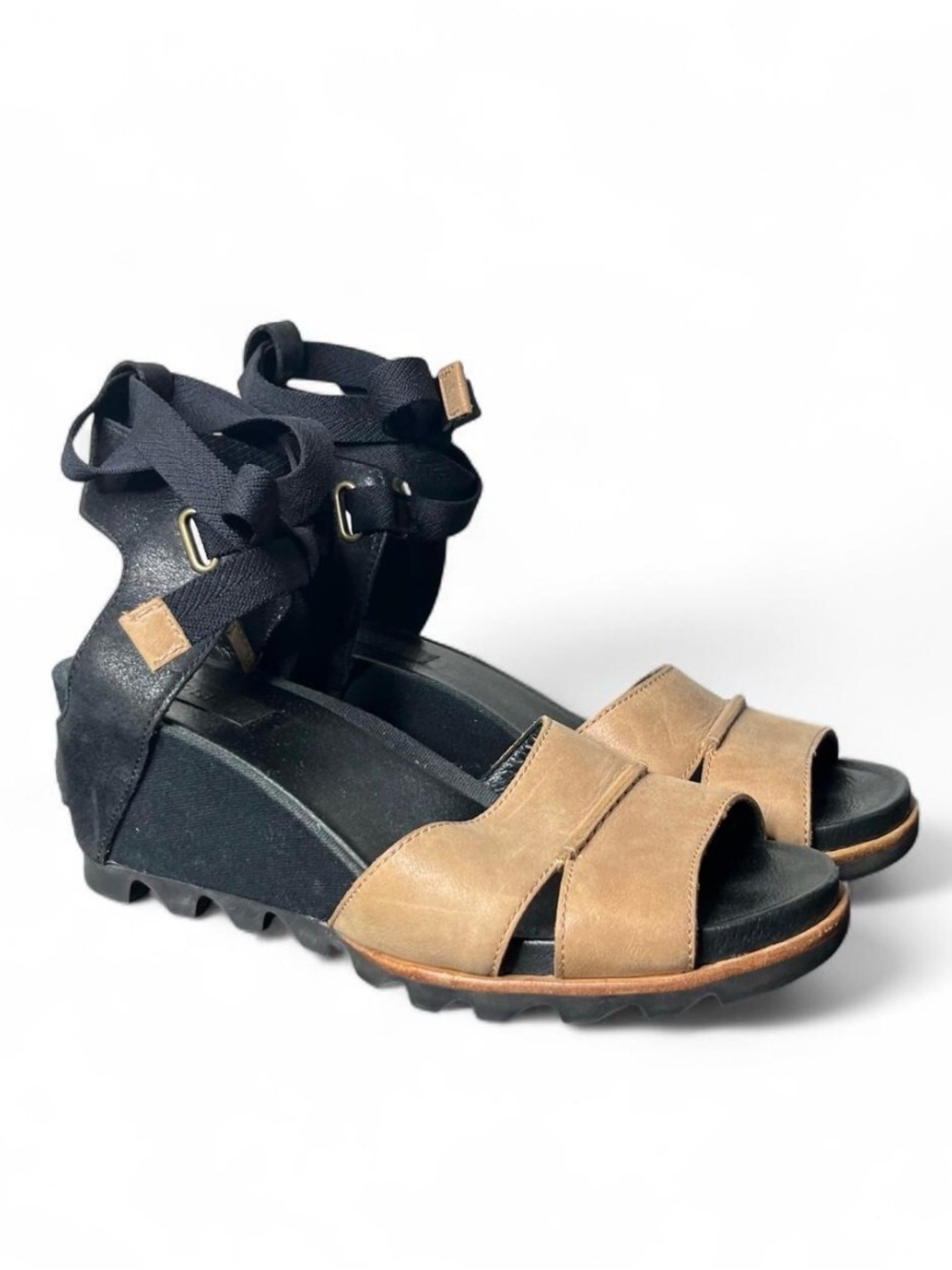 Sorel Joanie Lace Up Wrap Wedge Sandal in Black Tan Size 9